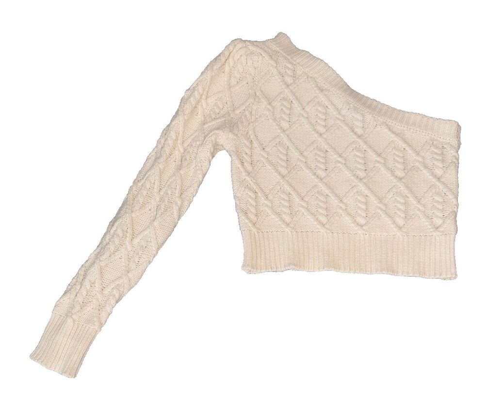 Blue Blush One Shoulder Cable Knit Sweater Womens S Ivory Cropped Cotton Blend